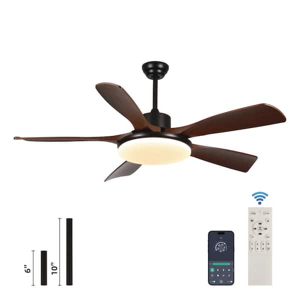 FIRHOT 52 in. Smart Indoor Black Integrated LED Light 6-Speed Ceiling Fan with APP/Remote Control and 2-Downrods