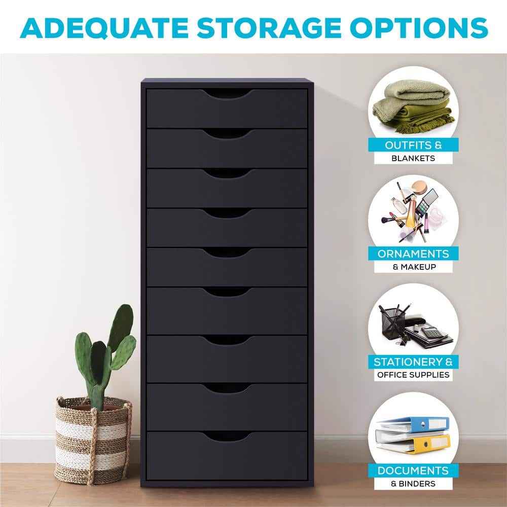 Black Mobile 9-Drawer Water Resistant Office Storage Cabinet