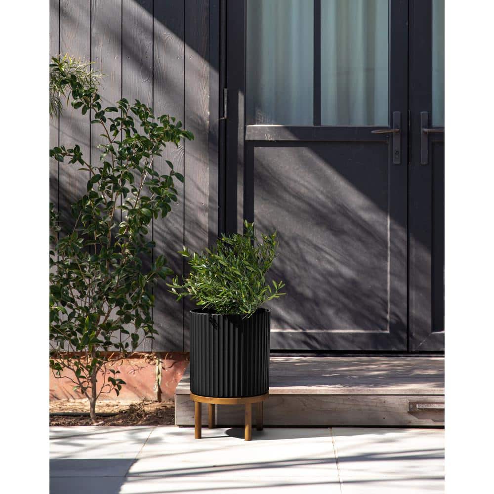 Demi 12" Black Fluted Planter with Acacia Wood Stand