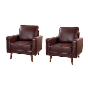 Christine Mid-Century Modern Burgundy Genuine Leather Armchair with Wood Flared Legs (Set of 2)