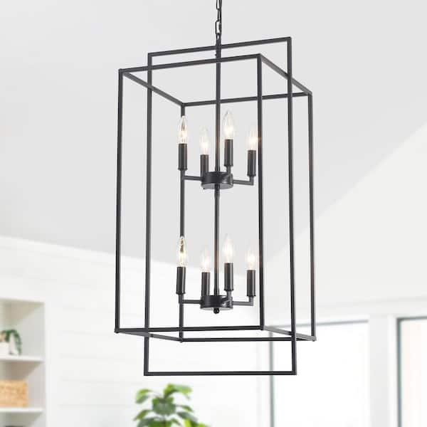 8-Light Black Modern Geometric Rectangle Lantern Tiered Hanging Ceiling Chandelier for Living Room