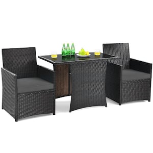 3PCS Wicker Patio Conversation Set Space-Saving Furniture Set with Tempered Glass Top Table and Gray Cushioned Chairs