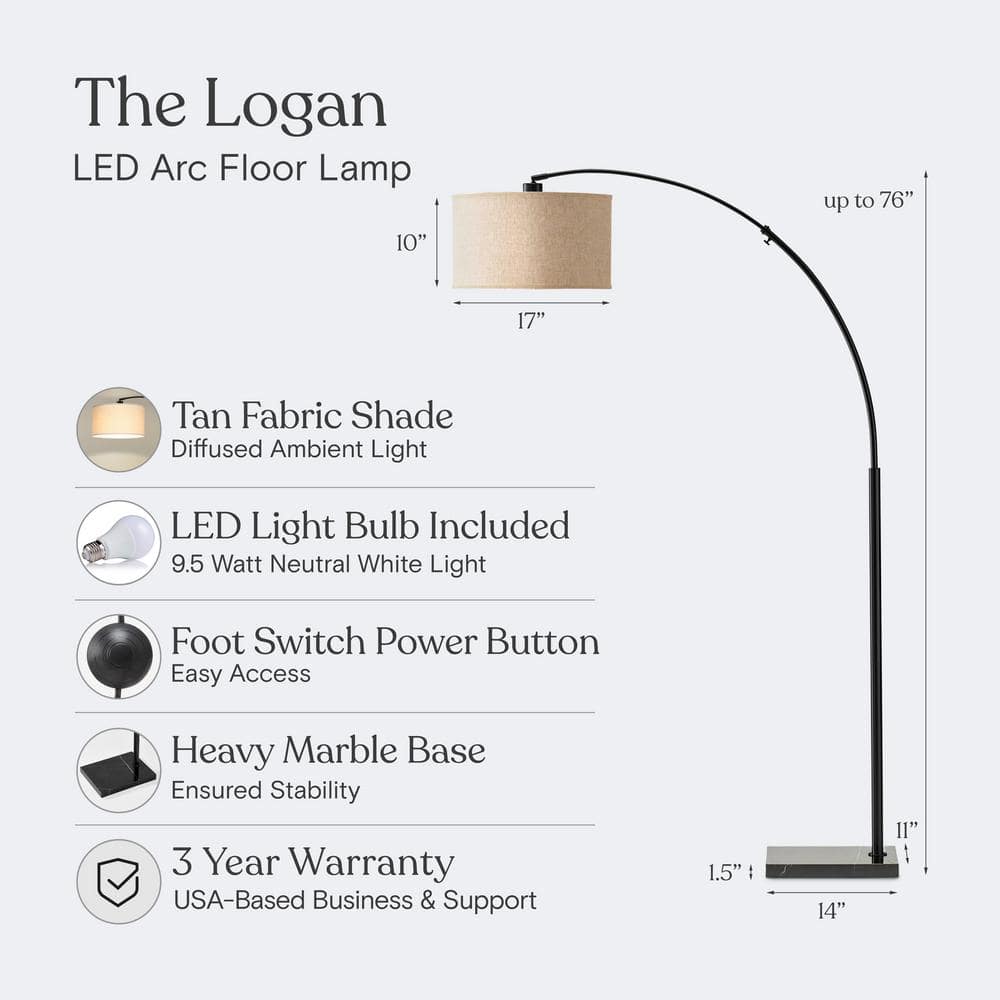 Logan Adjustable 76" Black LED Arc Floor Lamp with Beige Drum Shade