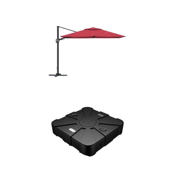 11 ft. Red Square Cantilever Patio Umbrella and Mobile HDPE Umbrella Base Combo