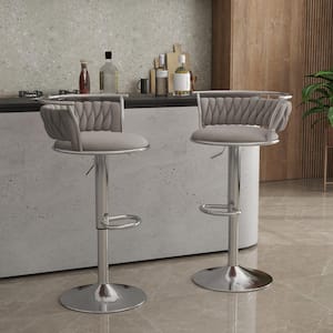 38.7 in. Swivel Adjustable Height Low Back Silver Metal Frame Bar Stool with Gray Velvet Seat Cushion (set of 2)