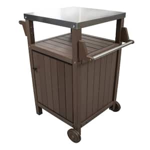 Grill Side Table Trolley Outdoor Dining Table Serving Cart with 304 Stainless Steel Top Kitchen Storage Island in Brown