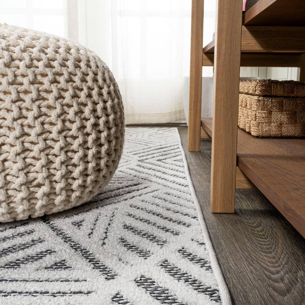 Ivory and Black Geometric High-Low Pile Runner Rug