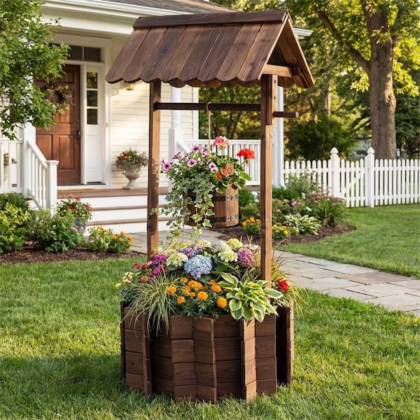 Outdoor Fir Wishing Well Bucket Flower Plants Planter Patio Garden Home Decor
