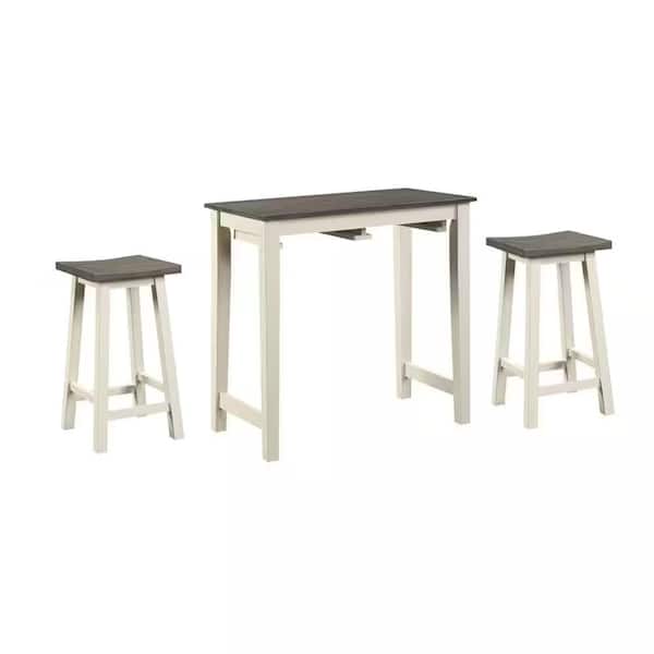Benjara 3-Piece Rectangle White and Gray Wood Top Counter Dining Table with 2 Stools (Seats 2)