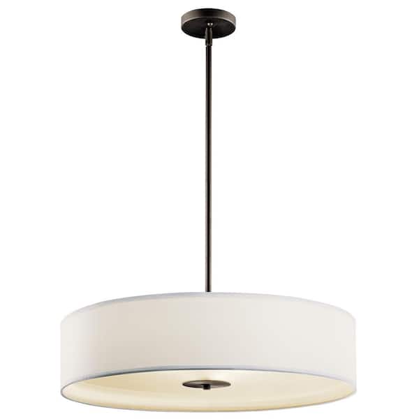 KICHLER 24 in. 3-Light Olde Bronze Transitional Fabric Shaded Kitchen Convertible Pendant Hanging Light to Semi-Flush