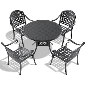 5-Piece Cast Aluminum Outdoor Bistro Set Patio Table Set with Random Colors Cushion and Umbrella Hole in Black