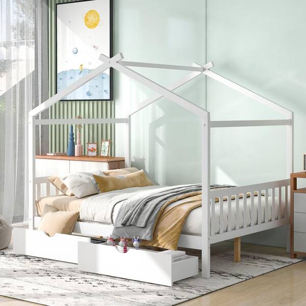 Polibi White Wood Frame Full Size House Platform Bed with 2-Drawers, Headboard and Footboard, Roof Design
