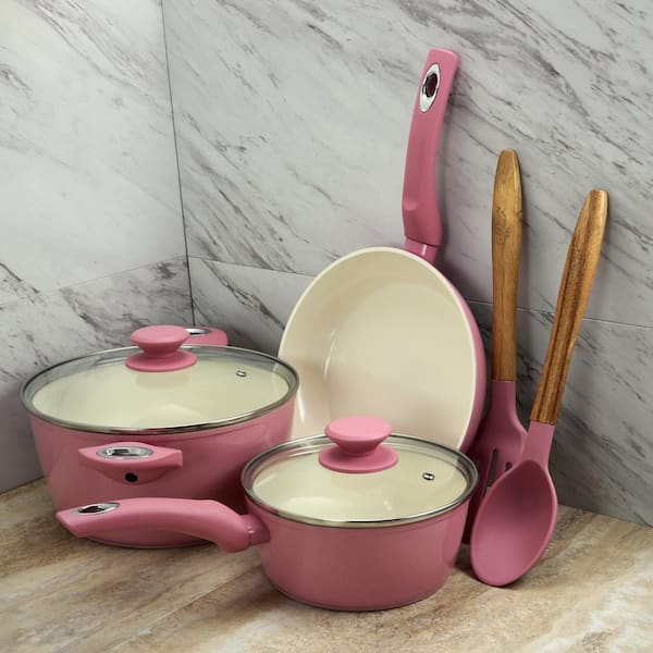7 Piece Pink Kitchen Cookware Set - Dishwasher Safe Aluminium Pots & Pans  Set with Non-Stick Coating - Suitable for All Hobs
