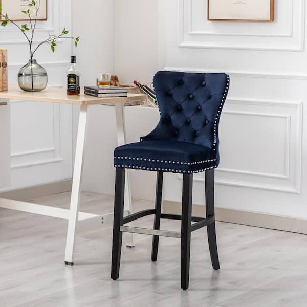 Harper 29 in. High Back Nail Head Trim Button Tufted Navy Blue Velvet Bar Stool with Solid Wood Frame in Black