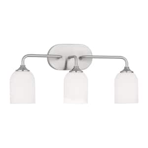 Emile Large 22 in. 3-Light Brushed Steel Bathroom Vanity Light with Etched White Glass Shades