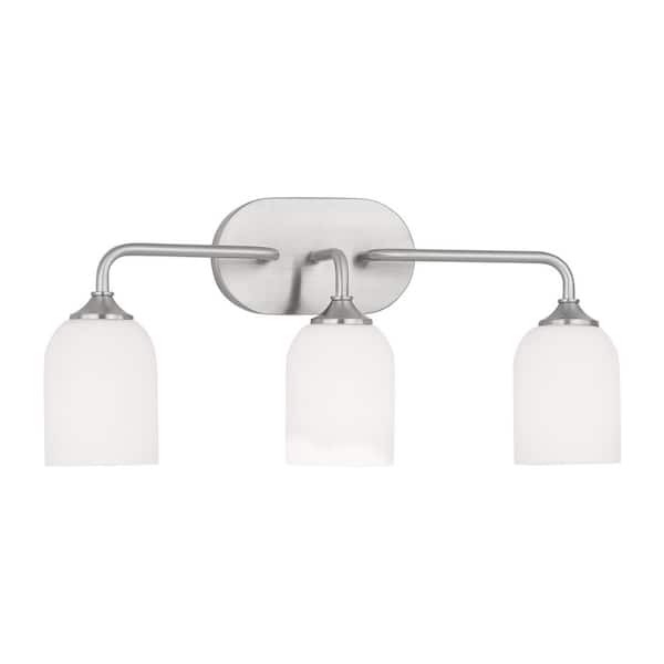 Generation Lighting Emile Large 22 in. 3-Light Brushed Steel Bathroom Vanity Light with Etched White Glass Shades
