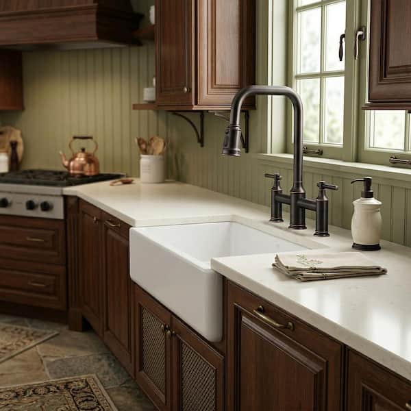 3 Patterns Double Handle Pull Down Bridge Kitchen Faucet with 360° Swivel Spout for 3 Holes in Oil Rubbed Bronze