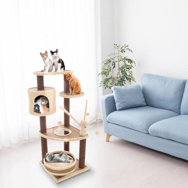 Petmaker 61.5 in. 4 Tier Cat Tower with 6 Scratching Posts 2 Hammocks 3 Toys and Perch for Kittens or Multiple Cats