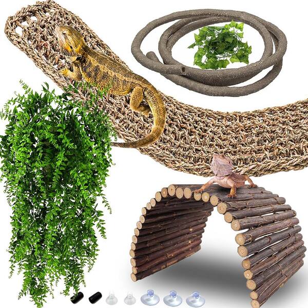 Afoxsos Large Reptile Bridge Hammock Flexible Jungle Climbing Vines and Leaves with Suction Cups Habitat Decor