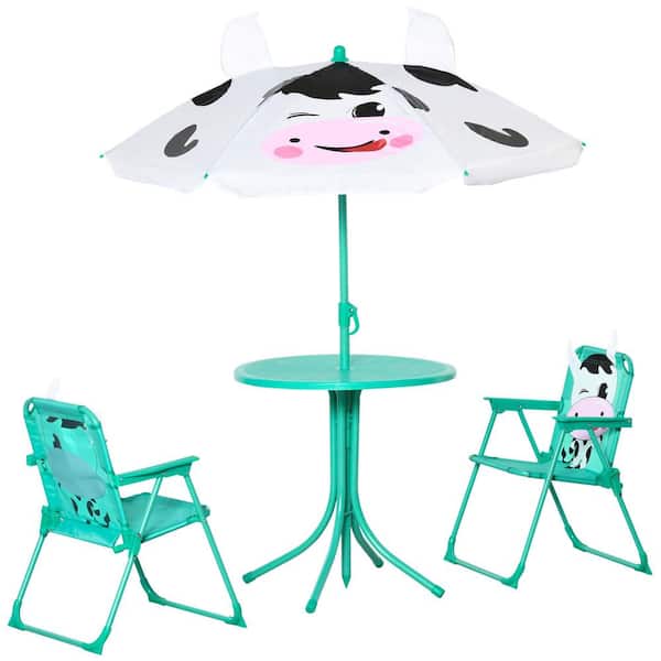 COOLSHARK 19.5 in. Outdoor Green Round Metal Folding Picnic Tables for Kids, with Removable and Height Adjustable Sun Umbrella