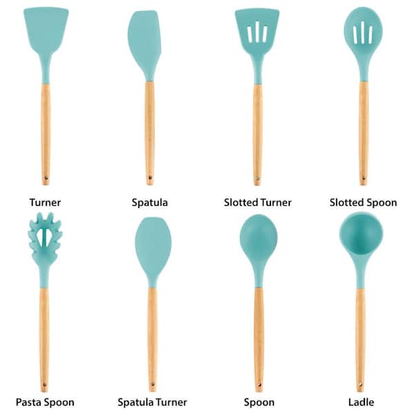 Light Teal Silicone and Wood Cooking Utensils (Set of 9)
