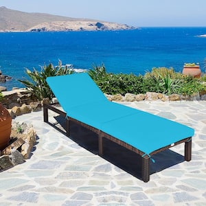 Adjustable Rattan Patio Outdoor Chaise Lounge Chair Recliner with Turquoise Cushion