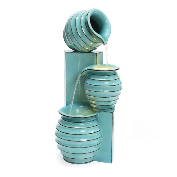 Aqua Blue 3-Tier Bowls 2.5 ft. Tall Outdoor Polyresin Cascade Fountain with Lights