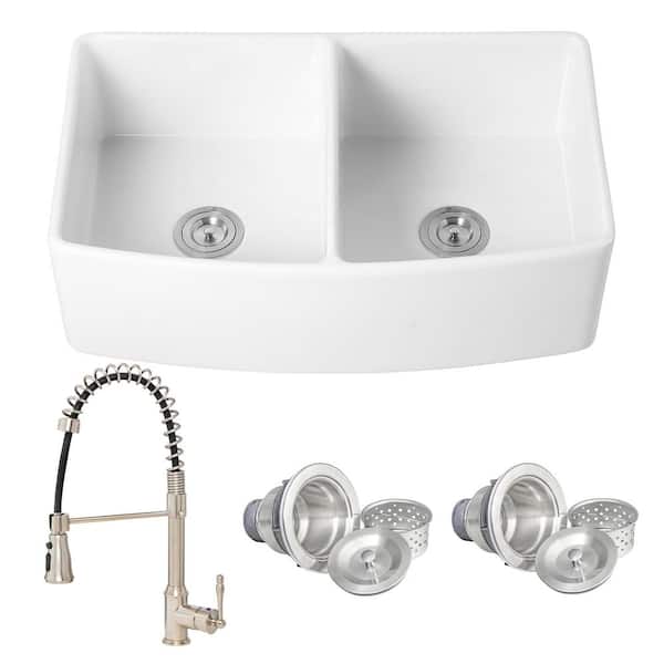 White Fireclay 33 in. Double Bowl Apron-Front Kitchen Sink with Faucets, Basket Strainer
