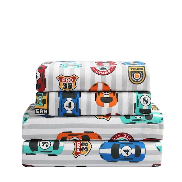 Kute Kids 4-Piece Big Race Geometric Microfiber Full Sheet Set