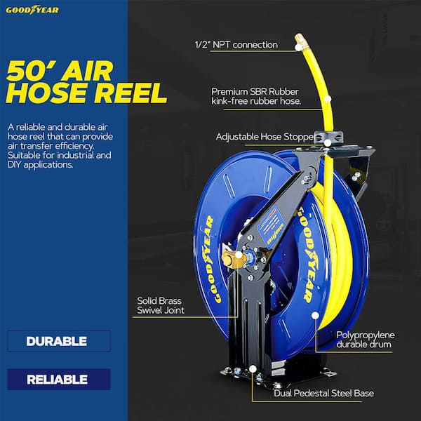 1/2 in. x 50 ft. Steel Dual Arm Pedestal Air Hose Reel SBR Rubber Hose