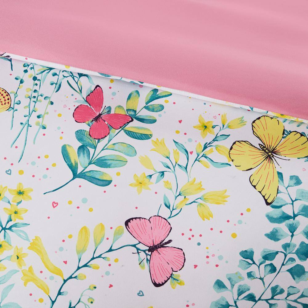 Twin Pink Microfiber Butterfly Comforter Set with Decorative Pillow