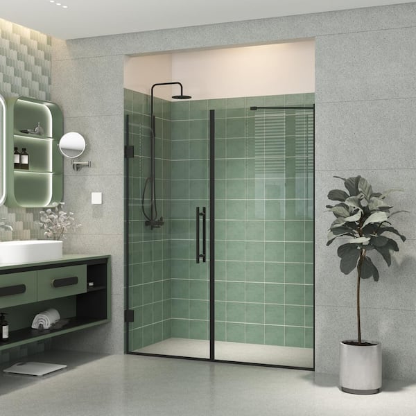 ANGELES HOME 58-58 2/1in. W x 71 in. H Semi-Frameless Double Hinges Shower Door in Matte Black,Tempered Glass,Reversible Installation