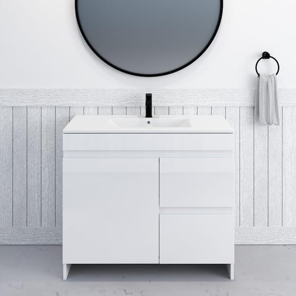 VOLPA USA AMERICAN CRAFTED VANITIES Mace 40 in. W x 18 in. D x 34 in. H Bath Vanity in Glossy White with White Ceramic Top and Right-Side Drawers