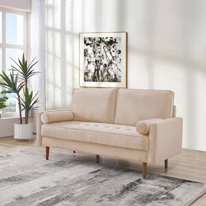 69 in. Beige Upholstered Modern Velvet Loveseat, Tufted 3-seater Cushion with Bolster Pillows