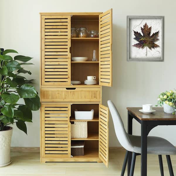 VEIKOUS Kitchen Storage Yellow Bamboo 30 in. W Pantry Cabinet with Doors and Adjustable Shelves
