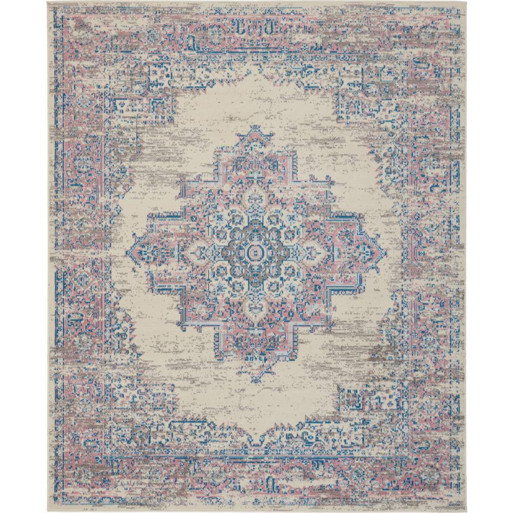 Ivory and Pink Medallion Hand-Knotted Round Area Rug, Synthetic 8'6" x 12'