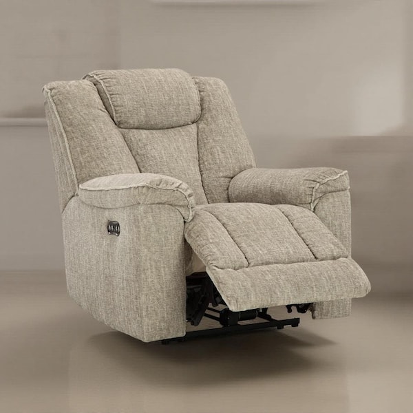 Benjara Marsh Heather Beige Polyester Glider Power Recliner Chair with Adjustable Headrest