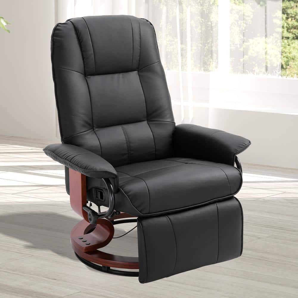 Black Faux Leather Swivel Recliner with Wood Base