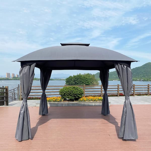 Afoxsos 10 ft. x 10 ft. Gray Steel Outdoor Patio Garden Gazebo Canopy, Outdoor Shading, Gazebo Tent with Curtains