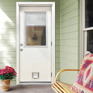 36 in. x 80 in. Reliant Series Clear Mini-Blind LHOS White Primed Fiberglass Prehung Front Door with Small Cat Door