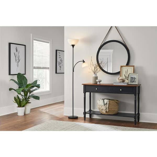 70 in. Black Mother Daughter 2-Light Torchiere Floor Lamp with Plastic Shade