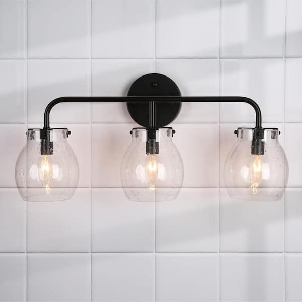 Modern Black Vanity Light 3-Light Linear Classic Bathroom Wall Sconce Mirror Wall Light with Clear Seedy Glass Globes