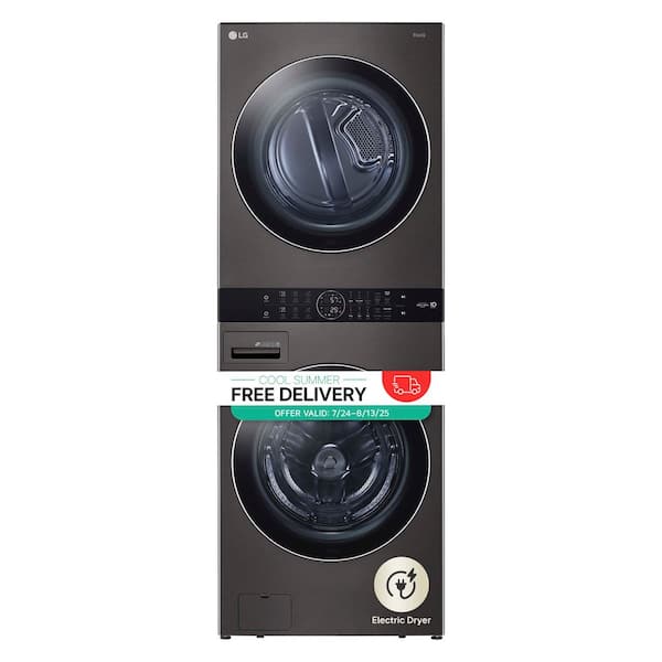 WashTower Stacked SMART Laundry Center 4.5 Cu.Ft. Front Load Washer & 7.4 Cu.Ft. Electric Dryer in Black Steel w/ Steam