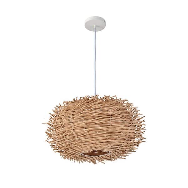 Unbranded 60-Watts 1-Light Natural Brown and White Globe Pendant Light with Rattan Shade, No Bulbs Included