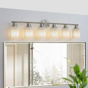 39 in. 6-Light Brushed Nickel Vanity Lights Fixture with Frosted Glass Shades and No Bulbs Included