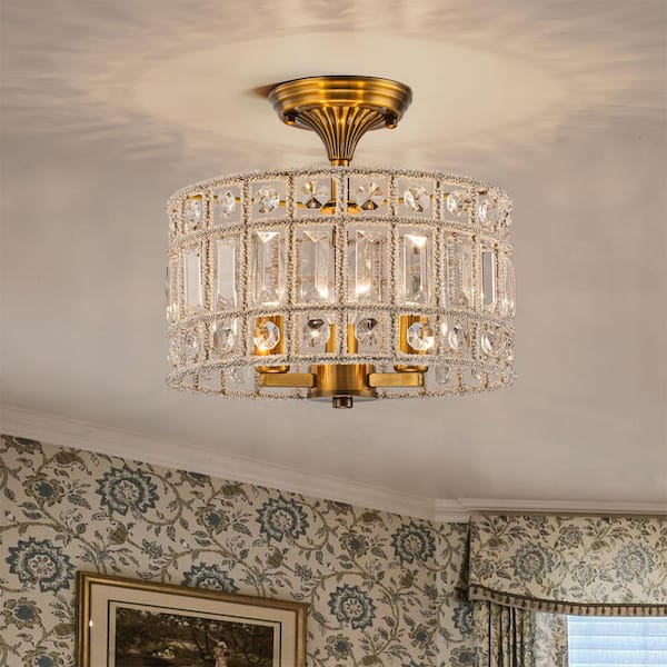 10 in. 3-Light Drum Antique Brass Semi-Flush Mount for Foyer Bedroom Dinning Room