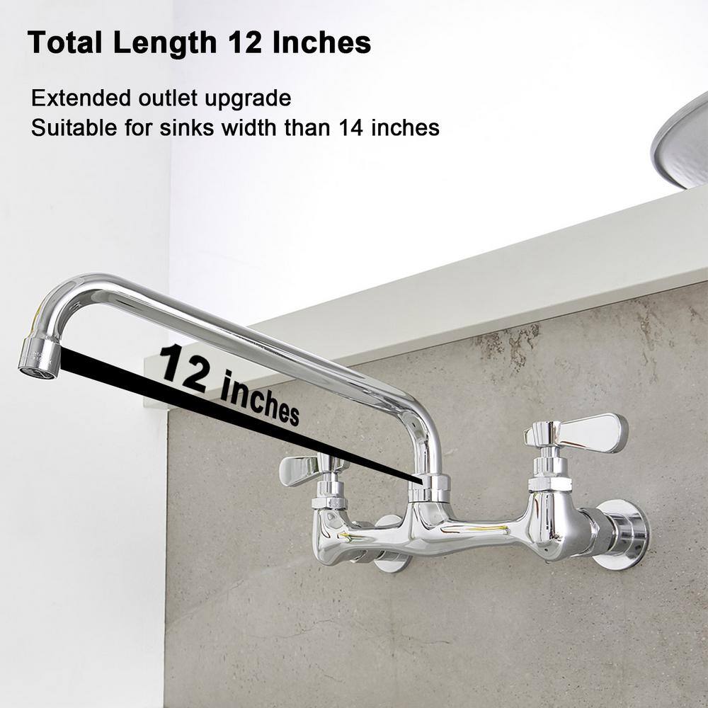 Polished Chrome Double Handle Wall Mount Kitchen Faucet with 12 Inch Swivel Spout