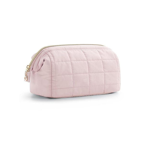 Pink Puffy Padded Makeup Toiletry Bag, Wide-Open Travel Toiletry Organizer Case with Pockets for Cosmetics & Brushes