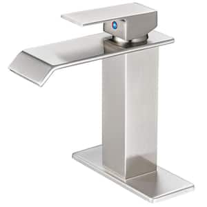 Waterfall Bathroom Faucet Single-Handle Single Hole Sink Faucet with Deck Plate in Brushed Nickel Vanity Faucets