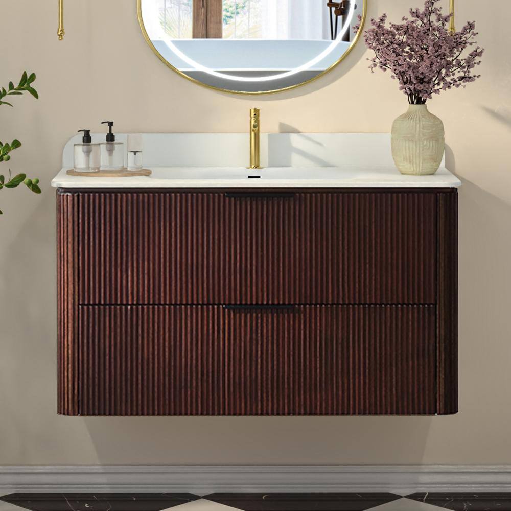 36 in. Wall-Mounted Bathroom Vanity in Walnut Finish with Solid Wood Cabinet and One-Piece Acrylic Countertop price history on PriceWatchPro